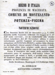 Manifesto del 3/2/1863 con cui si informava la popolazione del cambio del nome della città da Montesanto a Potenza Picena. Per gentile concessione di Mario Barbera Borroni.