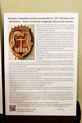 Inaugurazione restaurato stemma Comunale in Pietra Arenaria del Sec. XIV del giorno sabato 14 Novembre 2015. Foto Sergio Ceccotti.