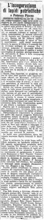 Articolo di giornale del novembre 1913 che riguarda l’inaugurazione delle lapidi patriottiche. Archivio Storico Comunale Potenza Picena.