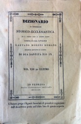 Copertina del volume 103 del dizionario Storico-Ecclesiastico di Gaetano Morono del 1861. Foto di Elena Garbuglia.