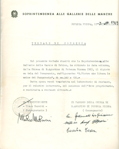 Lettera della Soprintendenza di Urbino del 3-9-1969 quando ha ritirato il quadro a Potenza Picena per il restauro. Archivio Storico Comunale.