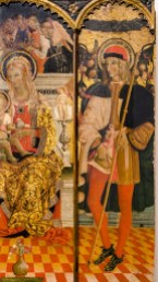 San Rocco nel particolare del trittico di Paolo Bontulli da Percanestro del 1507. Madonna con Bambino tra i santi Giacomo Maggiore e Rocco. Foto di Sergio Ceccotti.