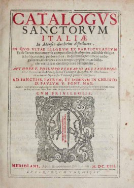 Frontespizio del Catalogus sanctorum italiæ di Filippo Ferrari. Edizione del 1613.