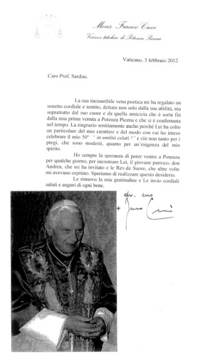 Risposta di Mons. Franco Croci al Prof. Arturo Sardini. Del 3/2/2012 per ringraziarlo del suo Natale.