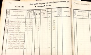Scheda dell'inventario Comunale del 1896 relativa alla Torre Civica dove si evidenziano n° 5 campane. ASCPP