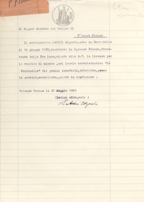 Licenza locale "Le Fontanelle" 20 maggio 1965. Archivio Storico Comunale.