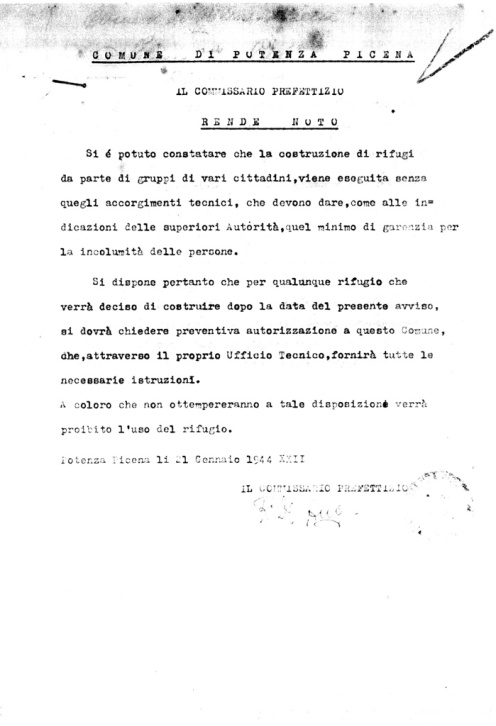 Lettera del Commissario Prefettizio. Gennaio 1944. (ASCPP)